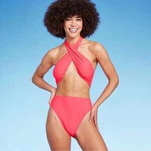 Wild Fable Cross Front Halter Cutout One Piece Swimsuit Coral Pink‎ Size medium